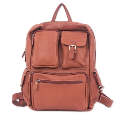 Leather backpack, 'Intrepid Companion' - Travel-Friendly 100% Brown Leather Backpack from Thailand