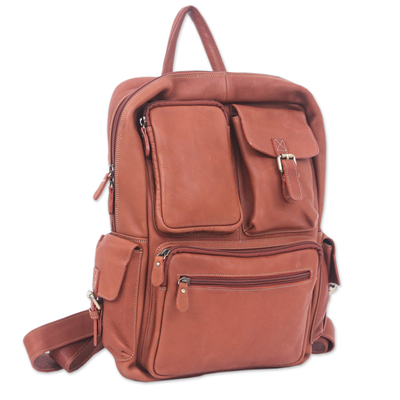 Leather backpack, 'Intrepid Companion' - Travel-Friendly 100% Brown Leather Backpack from Thailand