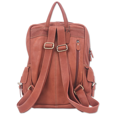 Leather backpack, 'Intrepid Companion' - Travel-Friendly 100% Brown Leather Backpack from Thailand