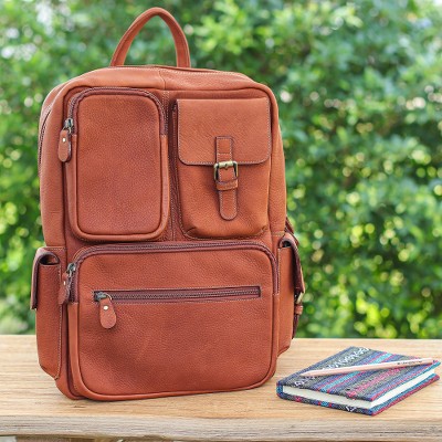 Leather backpack, 'Intrepid Companion' - Travel-Friendly 100% Brown Leather Backpack from Thailand