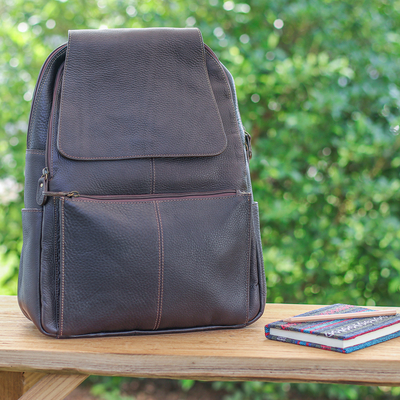 Leather backpack, 'Adventurer Days in Chocolate' - Handcrafted Travel-Friendly Chocolate Leather Backpack