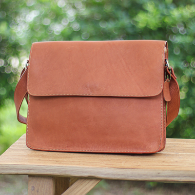 Leather messenger bag, 'Smooth Tan' - Artisan Crafted Flap Messenger Bag Made in Tan Brown Leather