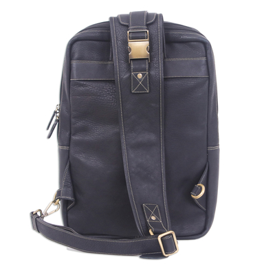 Leather cross-body backpack, 'Journey at Night' - Travel-Friendly Black Leather Cross-Body Backpack