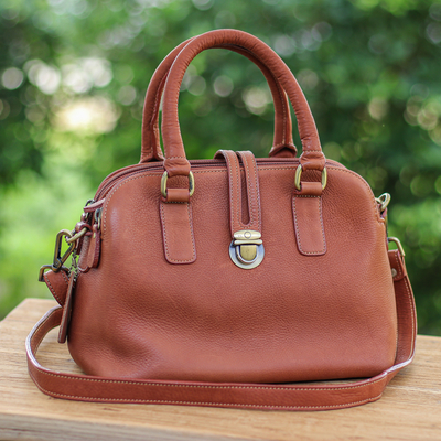 Leather handbag, 'Empress of the Evening' - 100% Brown Leather Handbag with Detachable Adjustable Strap