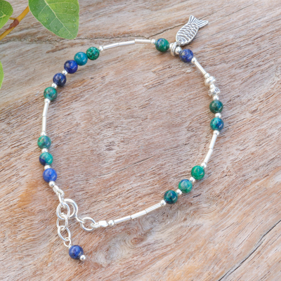 Azure-malachite beaded charm bracelet, 'Marine Luck' - Fish-Themed Natural Azure-Malachite Beaded Charm Bracelet