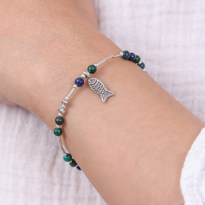 Azure-malachite beaded charm bracelet, 'Marine Luck' - Fish-Themed Natural Azure-Malachite Beaded Charm Bracelet