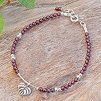 Garnet beaded pendant bracelet, 'Passionate Foliage'