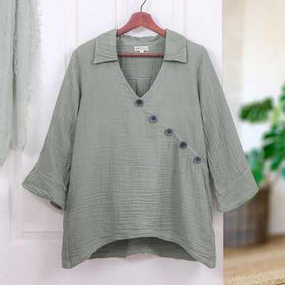 Cotton tunic, 'Chic Asymmetry in Sage' - Sage Three Quarter Sleeve Sidetail Double Cotton Gauze Tunic