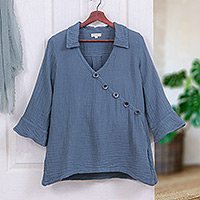 Cotton tunic, 'Chic Asymmetry in Dusty Teal' - Blue Three Quarter Sleeve Sidetail Double Cotton Gauze Tunic