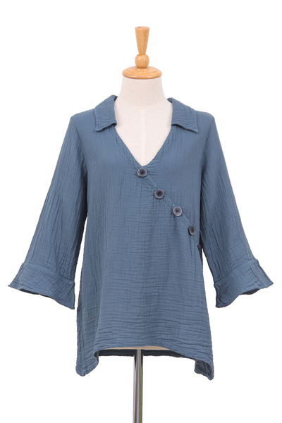Cotton tunic, 'Chic Asymmetry in Dusty Teal' - Blue Three Quarter Sleeve Sidetail Double Cotton Gauze Tunic