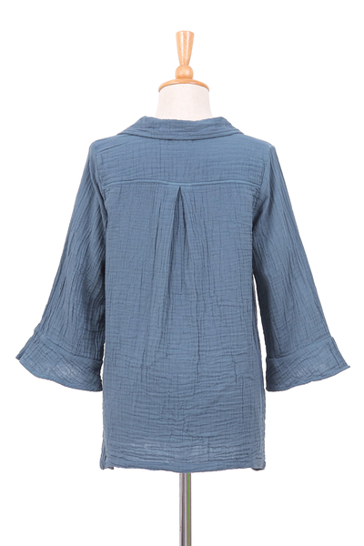 Baumwolltunika - Blaue Tunika aus doppeltem Baumwollgaze mit seitlichen Ärmeln und dreiviertellangen Ärmeln