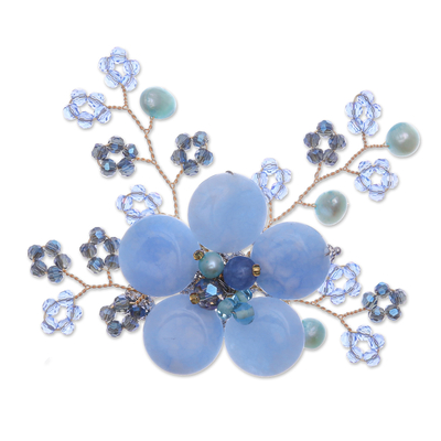 Pearl and quartz brooch pin, 'Petals of Wisdom' - Flower-Shaped Blue Cultured Pearl and Quartz Brooch Pin