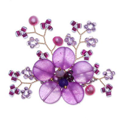 Broche de perlas y cuarzos - Broche de cuarzo y perlas cultivadas de color morado en forma de flor