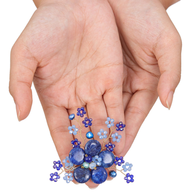 Pearl and quartz brooch pin, 'Petals of Imagination' - Flower-Shaped Dark Blue Cultured Pearl and Quartz Brooch Pin