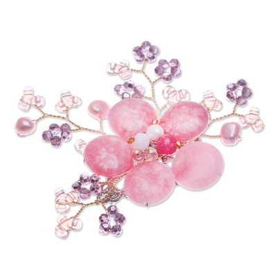 Broschennadel aus Perlen und Quarz - Blumenförmige Brosche mit rosafarbenen Zuchtperlen und Quarz