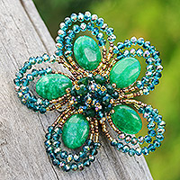 Quartz and glass beaded brooch pin, 'Spring in Harmony' - Handcrafted Floral Green Quartz and Glass Beaded Brooch Pin