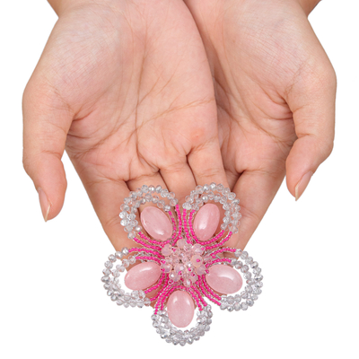 Quartz and glass beaded brooch pin, 'Spring in Tenderness' - Handcrafted Floral Pink Quartz and Glass Beaded Brooch Pin