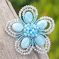 Quartz and glass beaded brooch pin, 'Spring in Serenity' - Handcrafted Floral Blue Quartz and Glass Beaded Brooch Pin