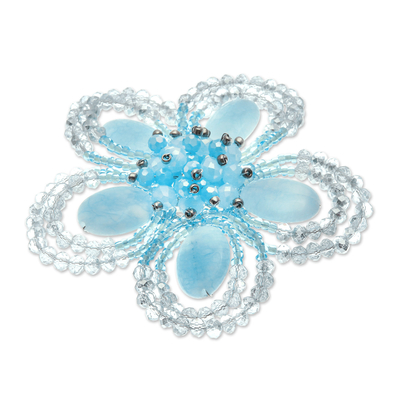 Broche con cuentas de cuarzo y vidrio - Broche hecho a mano de cuarzo azul floral y cuentas de vidrio