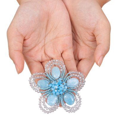 Quartz and glass beaded brooch pin, 'Spring in Serenity' - Handcrafted Floral Blue Quartz and Glass Beaded Brooch Pin