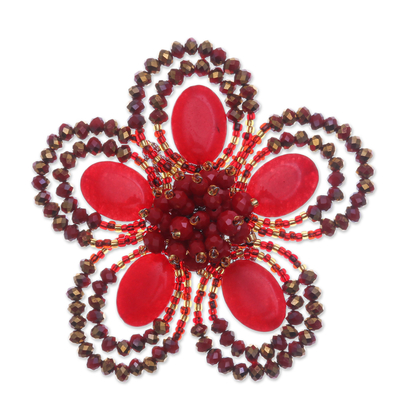 Broche con cuentas de cuarzo y vidrio - Broche hecho a mano de cuarzo rojo floral y cuentas de vidrio