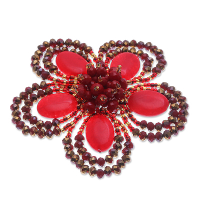 Quartz and glass beaded brooch pin, 'Spring in Love' - Handcrafted Floral Red Quartz and Glass Beaded Brooch Pin