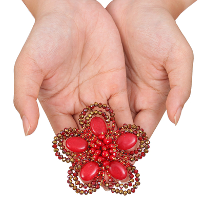 Quartz and glass beaded brooch pin, 'Spring in Love' - Handcrafted Floral Red Quartz and Glass Beaded Brooch Pin