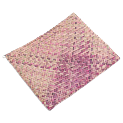 Natural fiber clutch, 'Natural Vitality' - Handwoven Pink and Brown Natural Bulrush Reed Clutch