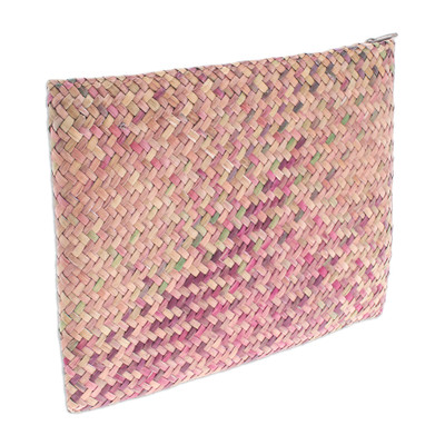 Natural fiber clutch, 'Natural Vitality' - Handwoven Pink and Brown Natural Bulrush Reed Clutch