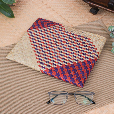 Natural fiber clutch, 'Natural Uniqueness' - Handwoven Red and Blue Natural Bulrush Reed Clutch