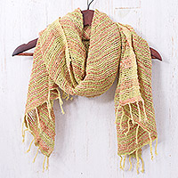 Baumwollschal, „Evening Breeze“ – Handgefertigter, locker gewebter Schal aus 100 % Baumwolle in Grün und Orange