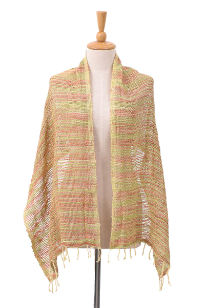 Cotton scarf, 'Evening Breeze' - Handmade 100% Cotton Loose Weave Scarf in Green and Orange