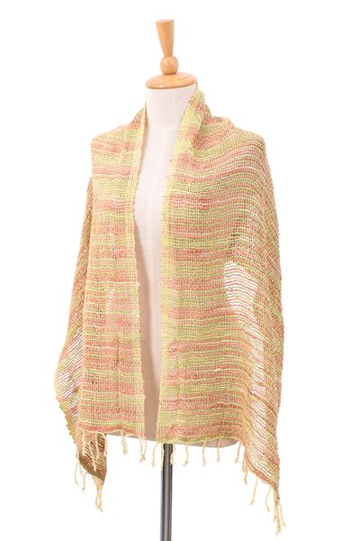 Baumwollschal - Handgefertigter, locker gewebter Schal aus 100 % Baumwolle in Grün und Orange