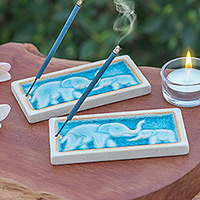 Ceramic incense holders, 'Lucky Bond' (pair) - Handmade Elephant-Themed Blue Ceramic Incense Holders (Pair)