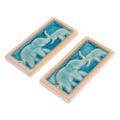 Portainciensos de cerámica, (par) - Porta incienso de cerámica azul con temática de elefante hechos a mano (par)