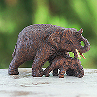 Wood figurine, 'Elephant Dad and Baby'