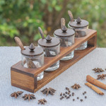 Wood and glass condiment set, 'Spice of Life' (13 pieces) - Rectangular Wood and Glass Condiment Set (13 Pieces)