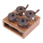 Wood and glass condiment set, 'Touch of Spice' (13 pieces) - Square Wood and Glass Condiment Set (13 Pieces)