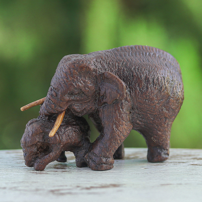 Wood figurine, 'Elephant Mom and Baby' - Hand-Carved Wood Figurine of Elephant Mother and Her Baby