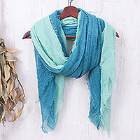 Bufandas de algodón, 'Ocean Vibes' (par) - Par de bufandas de algodón verde y azulado ligeras tejidas a mano