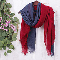 Bufandas de algodón, 'Splendid Beauty' (par) - Par de bufandas de algodón ligeras tejidas a mano en azul y rojo