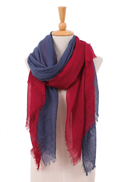 Cotton scarves, 'Splendid Beauty' (pair) - Pair of Handwoven Lightweight Cotton Scarves in Blue and Red