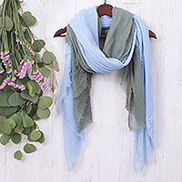 Bufandas de algodón, 'Sky Glam' (par) - Par de bufandas de algodón azul y gris ligeras tejidas a mano