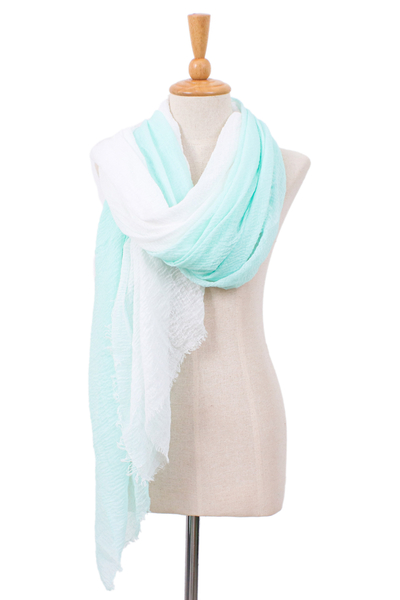 Pañuelos de algodón, (par) - Dos bufandas ligeras de algodón blanco y aguamarina tejidas a mano