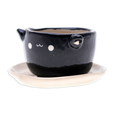 Mini macetero de cerámica. - Mini maceta de gato de cerámica negra hecha a mano con platillo