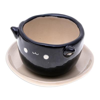 Ceramic mini flower pot, 'Kitty Glam' - Handcrafted Black Ceramic Cat Mini Flower Pot with Saucer