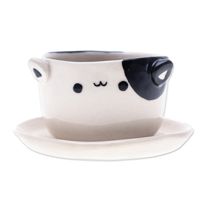Mini macetero de cerámica. - Mini maceta de cerámica negra marfil con platillo con temática de gato