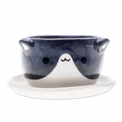 Ceramic mini flower pot, 'Kitty Charisma' - Cat-Themed Ivory Grey Ceramic Mini Flower Pot with Saucer