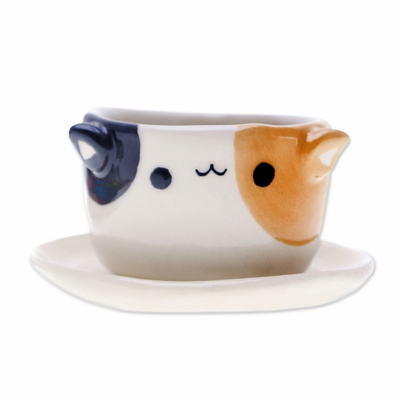 Mini macetero de cerámica. - Mini maceta de cerámica con platillo hecha a mano con temática de gato