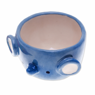 Ceramic mini flower pot, 'Sweet Elephant' - Ivory and Blue Ceramic Elephant Mini Flower Pot with Saucer